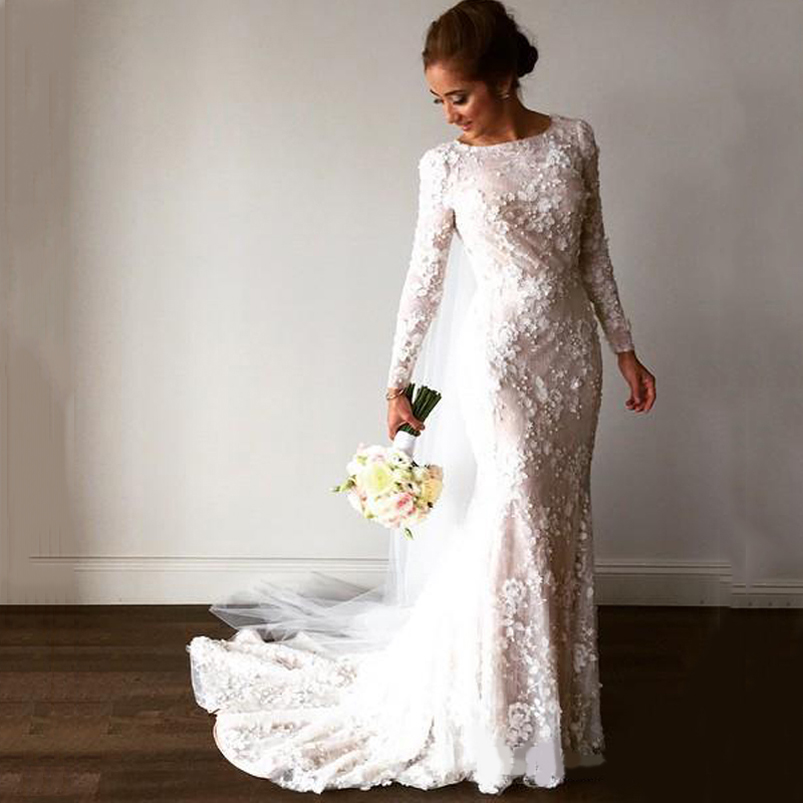 Vintage Scoop Neck Long Sleeves Lace Mermaid Wedding Dress Bridal Gowns with Flower Applqius Sweep Train Bride Dresses