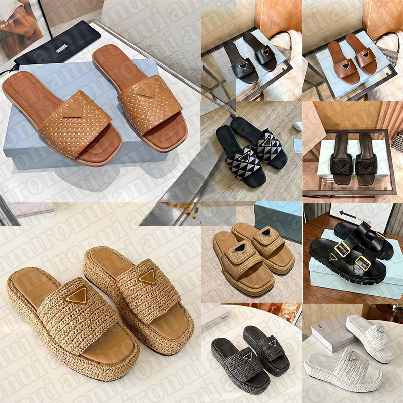 designer luxury straw woven leather slippers platform diamond accents summer beach sandal wedding slide shoes dustbag free shipping gift box 35-45