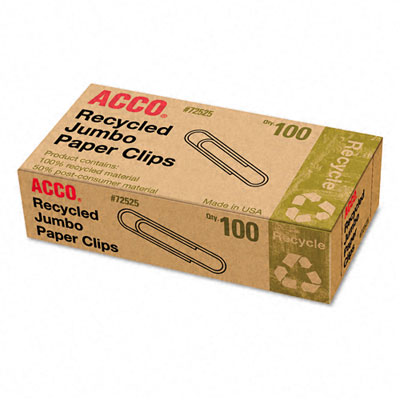 Acco 72525 Recycled Paper Clips Jumbo 100 per Box 10 Boxes Pack