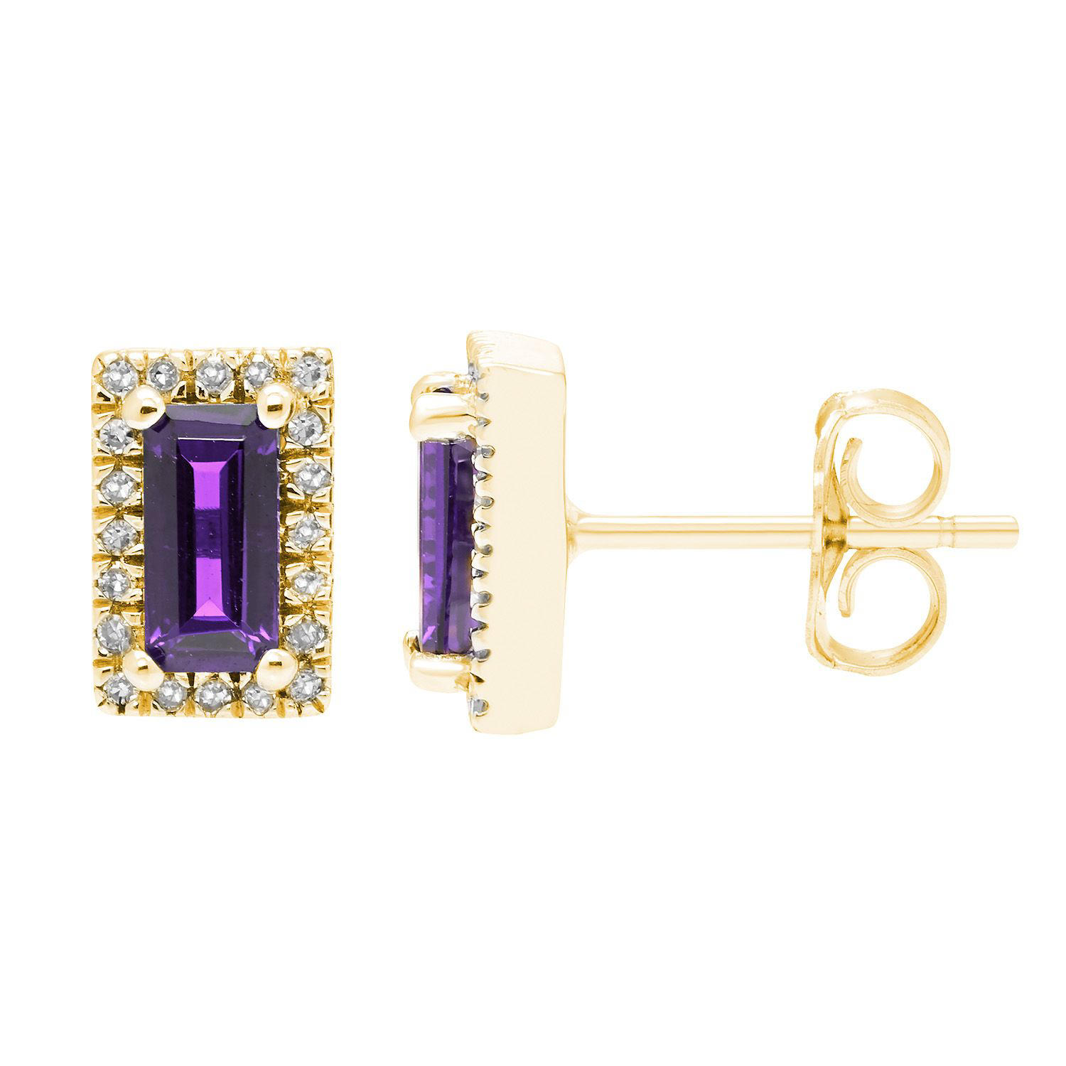 Baguette Cut Gemstone & 0.12 CT. TW Diamond Stud Halo Earrings in 14K Gold - Amethyst Yellow Gold:- Amethyst Yellow Gold