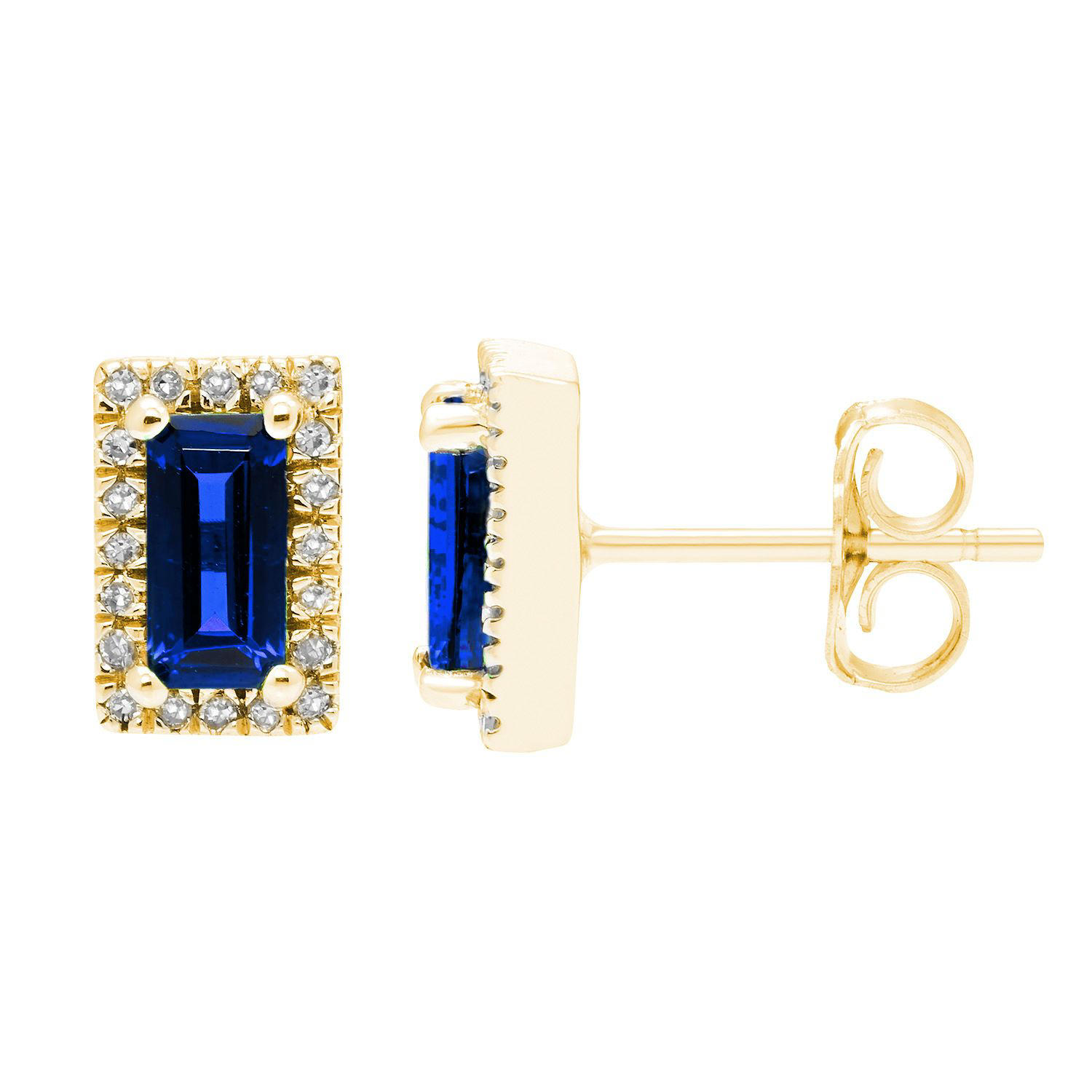 Baguette Cut Gemstone & 0.12 CT. TW Diamond Stud Halo Earrings in 14K Gold - Lab Created Blue Sapphire:- Lab Created