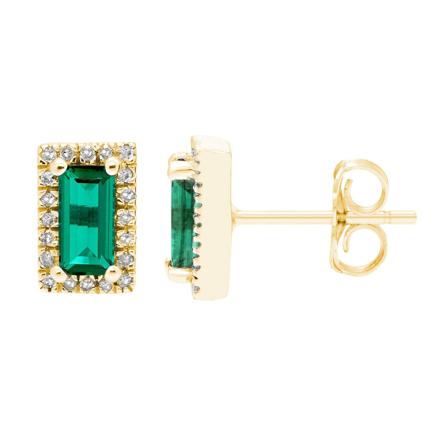 Baguette Cut Gemstone & 0.12 CT. TW Diamond Stud Halo Earrings in 14K Gold - Lab Created Emerald:- Lab Created Emerald