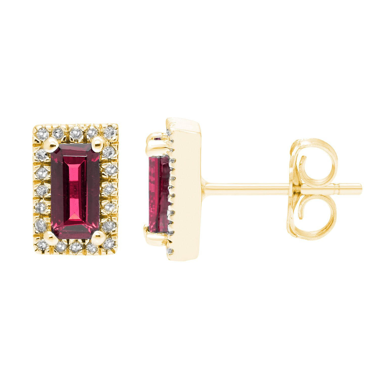 Baguette Cut Gemstone & 0.12 CT. TW Diamond Stud Halo Earrings in 14K Gold - Lab Created Ruby:- Lab Created Ruby