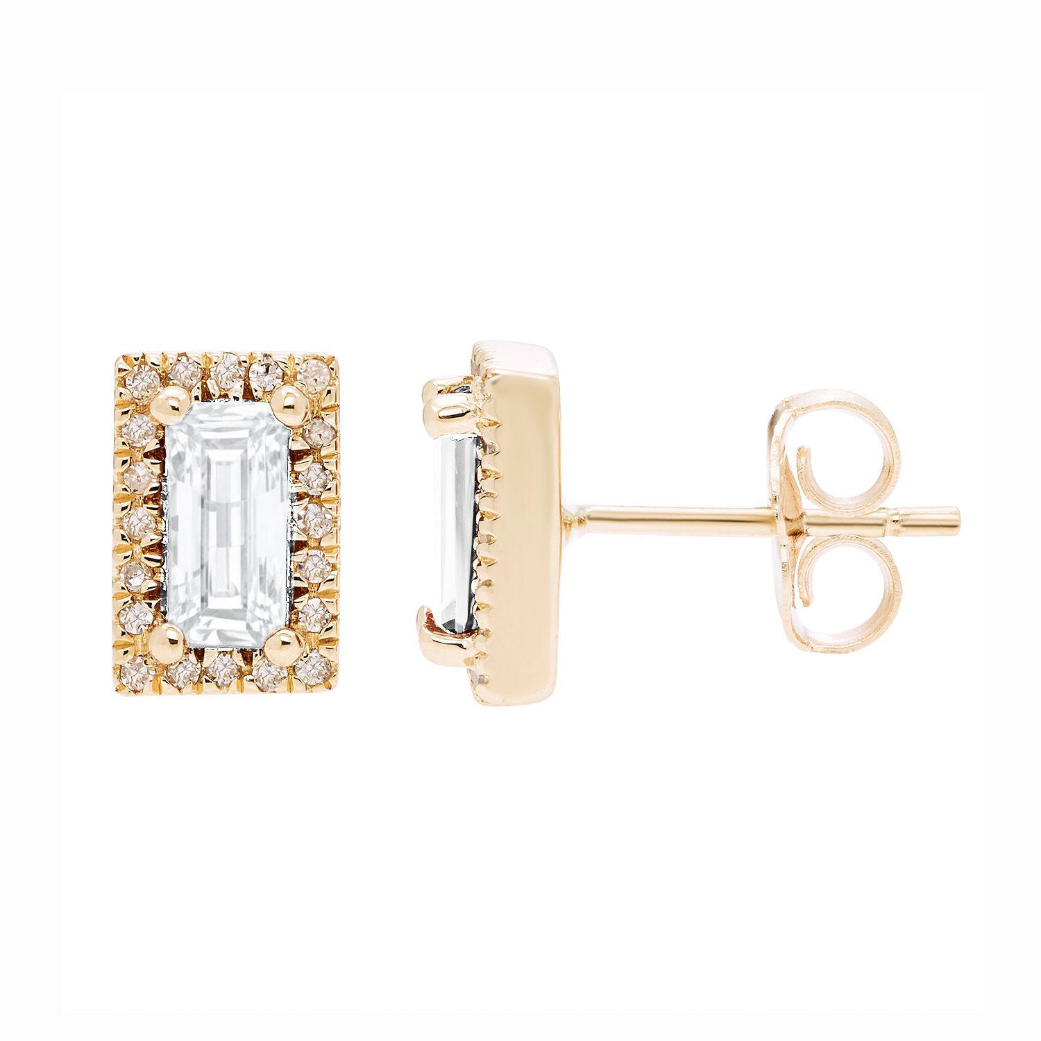Baguette Cut Gemstone & 0.12 CT. TW Diamond Stud Halo Earrings in 14K Gold - Lab Created White Sapphire:- Lab Created