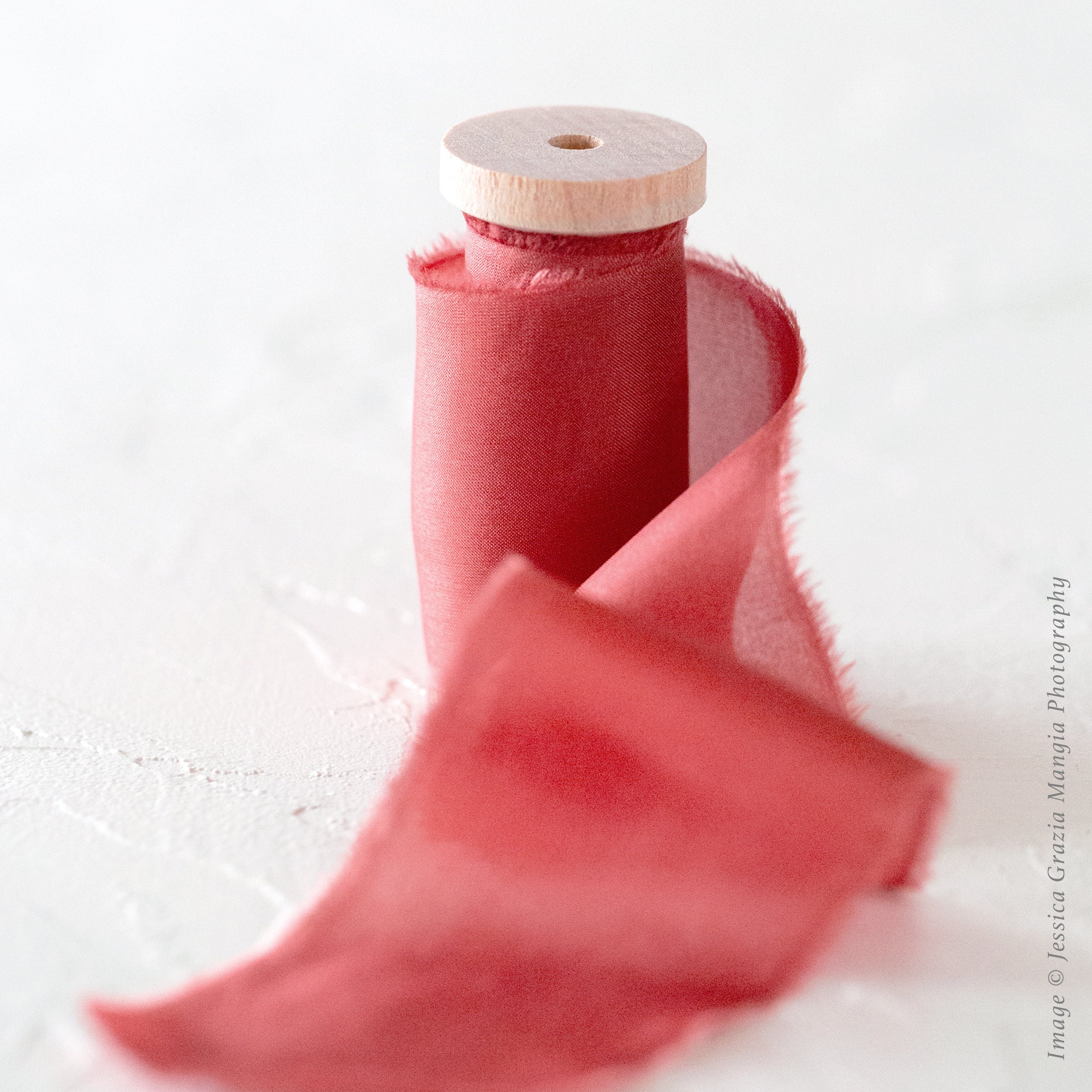 Pomegranate Silk Ribbon Red Orange, Handmade Torn Edge Ribbon