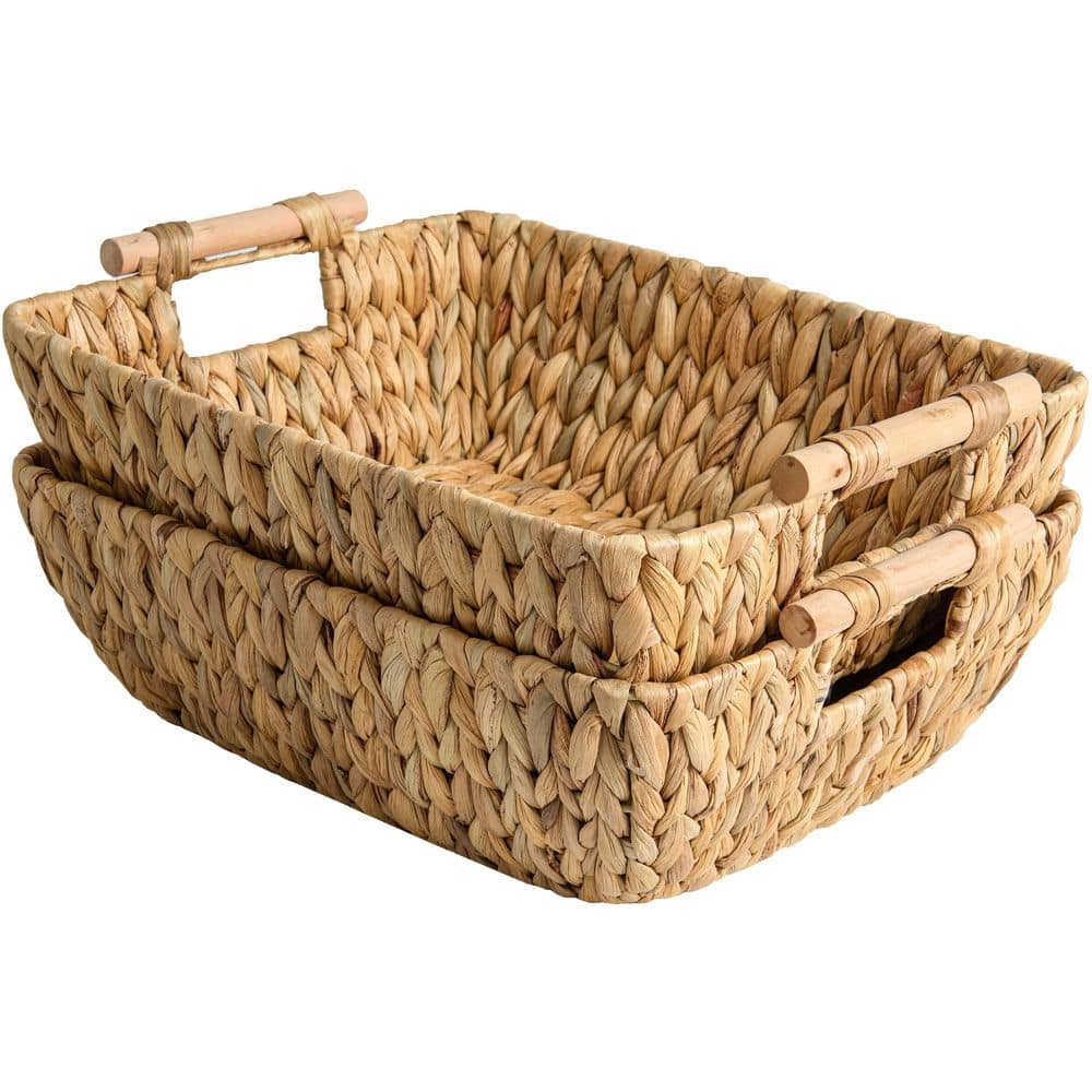 2-Piece 17.25 in. Natural Water Hyacinth Storage Basket Set with Wooden Handles, Hand-Woven Organizing Baskets