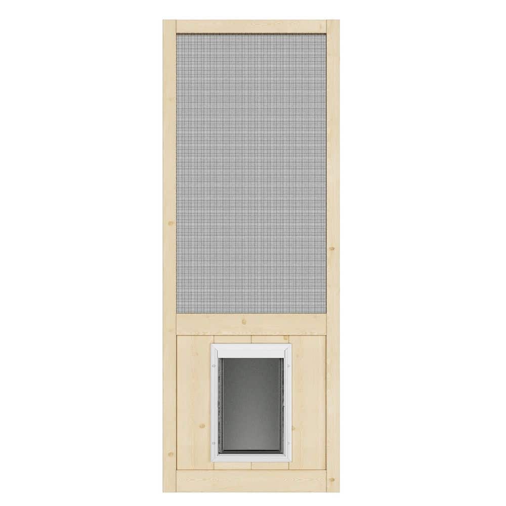 30 in. x 80 in. Single Universal Paneled Unfinished Pine Wood and Gauze Mesh Hinged Screen Door with Pet Door