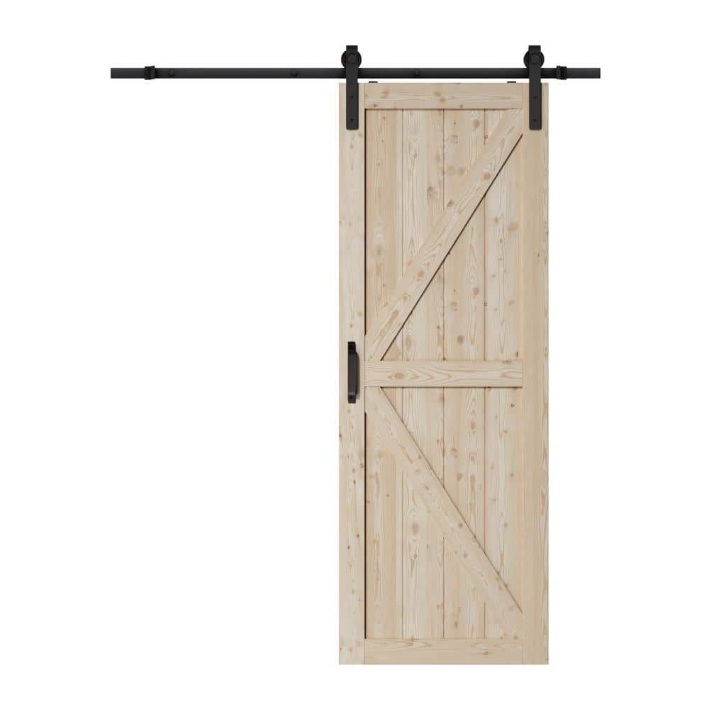 30 in. x 84 in. Paneled K Shape Solid Core Pine Unfinished Wood Assembly Required Sliding Barn Door with Hardware Kit