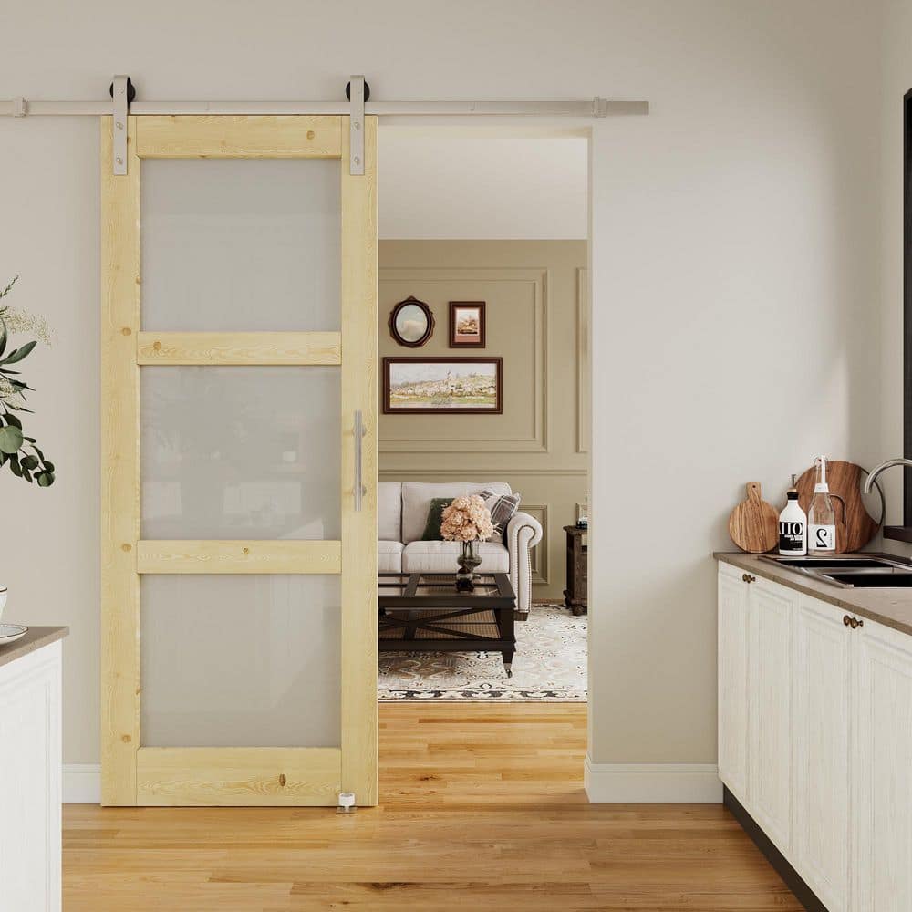 32 in. x 80 in. 3 Lite Frosted Glass Unfinished Solid Core Pine Wood Sliding Barn Door with Hardware Kit Nickel Plated