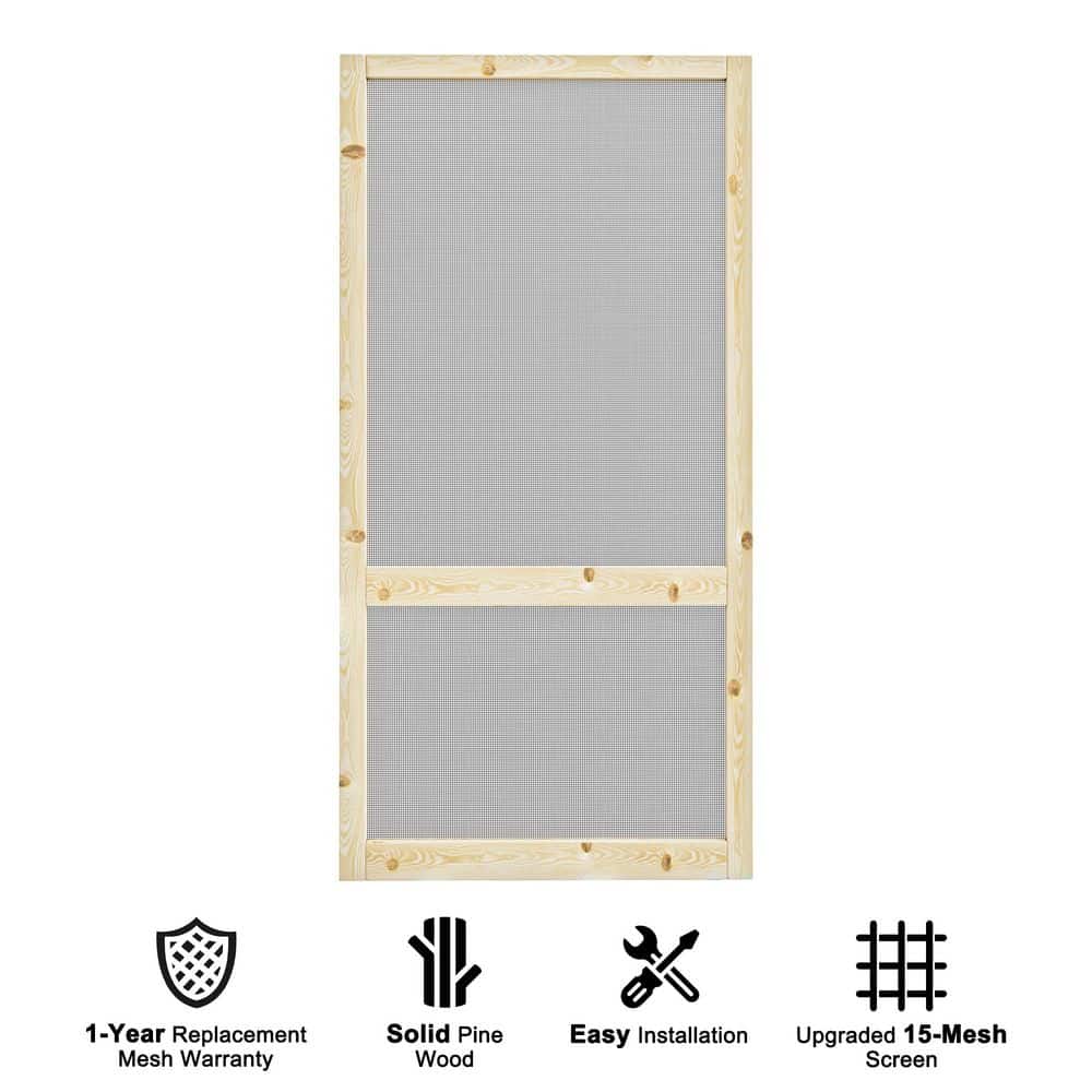 36 in. x 80 in. 2-Lite Single Universal Paneled Railing Style Unfinished Pine Wood and Gauze Mesh Hinged Screen Door