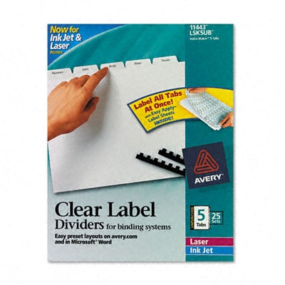 11443 Index Maker Clear Label Unpunched Divider Five-Tab Letter White 25 Sets