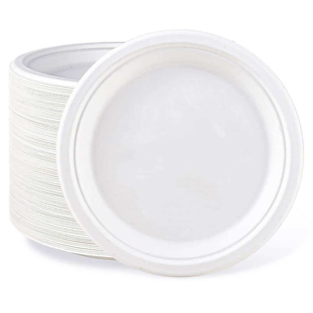 150-Pack 9 in. Heavy Duty Paper Plates, White Disposable Sugarcane Bagasse Tableware Plates for Thanksgiving Party