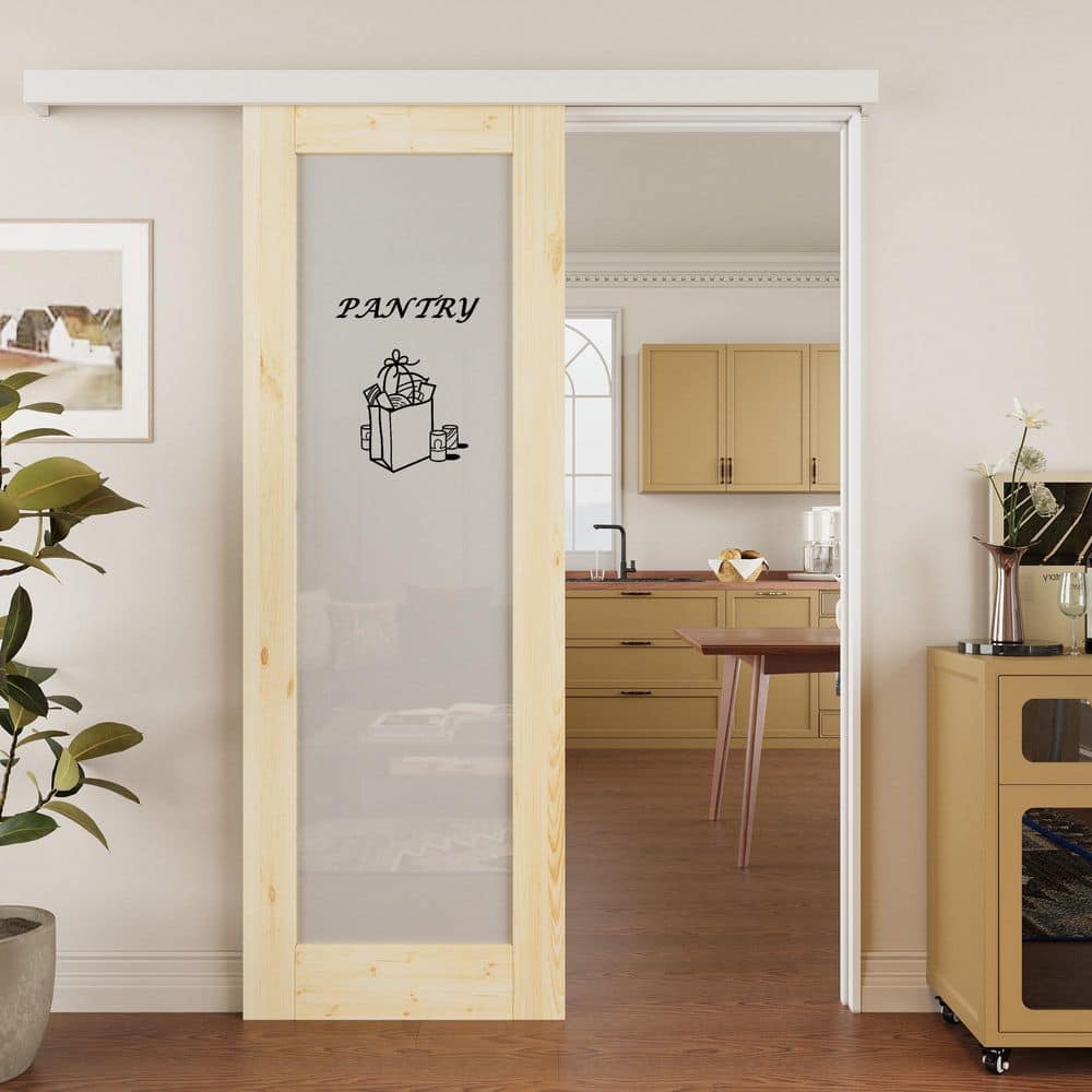 28 in.x 80 in. 1 Lite Frosted Glass Unfinished Hidden Track Style MDF Sliding Barn Door with Hardware Kit&Pantry Sticker