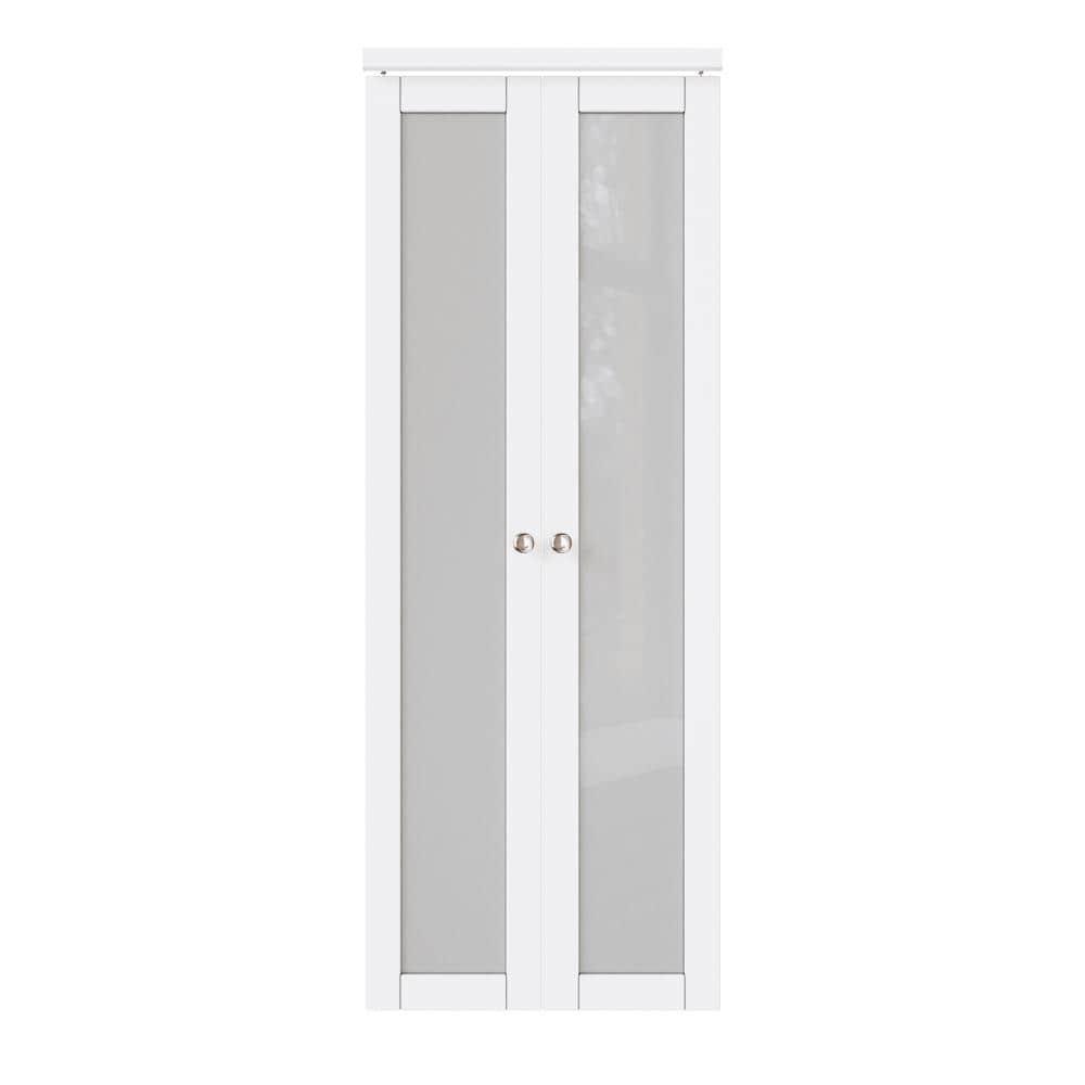 30 in. x 80 in. Solid Core Frosted Glass MDF Bi-fold Door Plus French Style Pantry Pivot Hardware (1-Lite White Finish)
