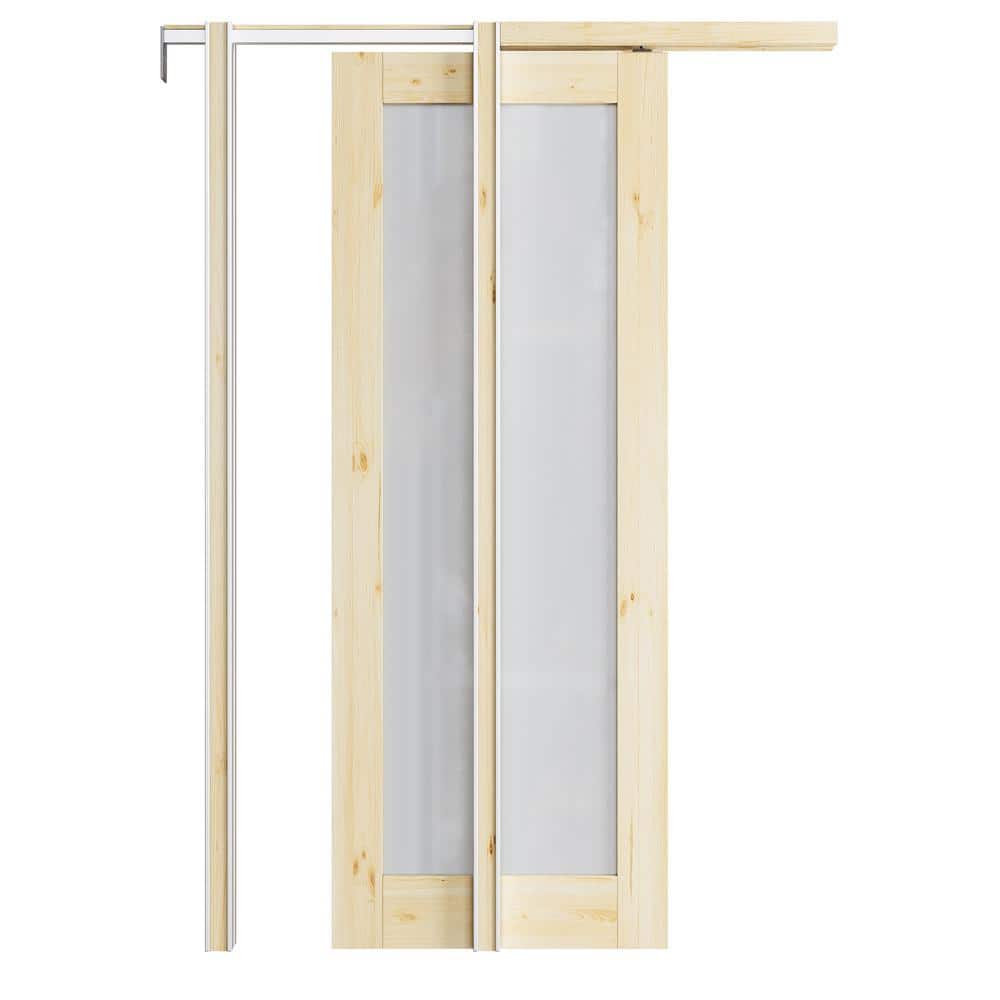 32 in. x 80 in. 1-Lite Frosted Glass Solid Core Pine Wood Unfinished Pocket Sliding Door with Pocket Door Hardware