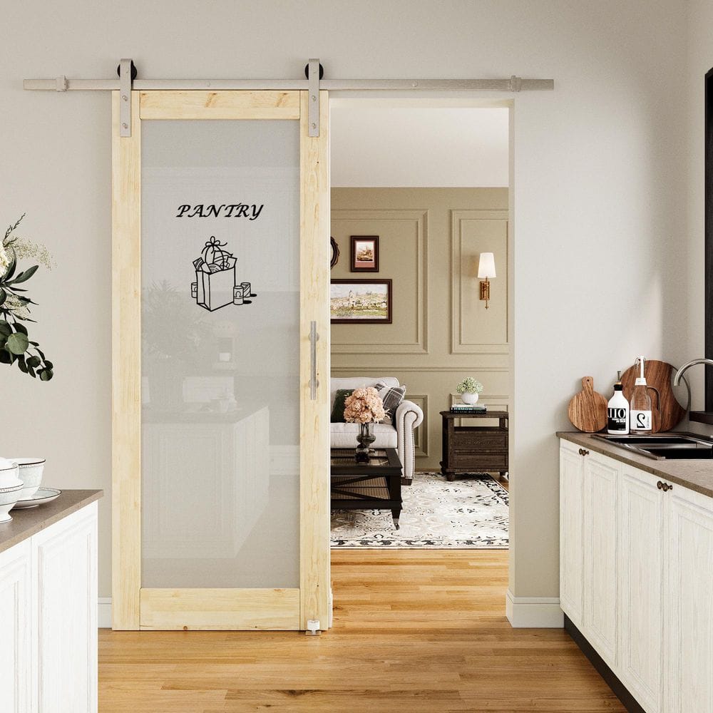 32 in. x 80 in. 1 Lite Frosted Glass Unfinished Pine Wood Sliding Barn Door with Hardware Kit Nickel and Pantry Sticker