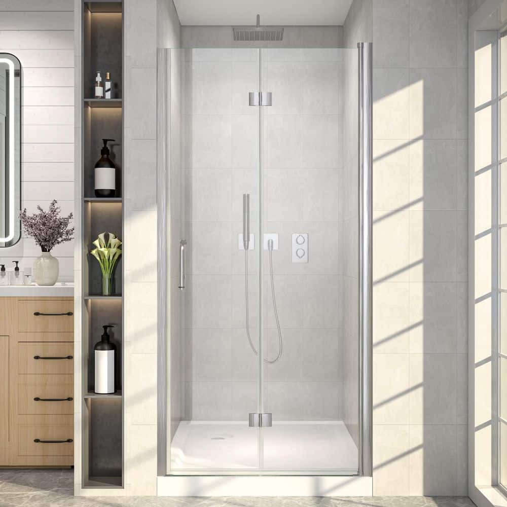 36 - 38 in. W x 72 in. H Bi-Fold Frameless Shower Door in Brushed Nickel