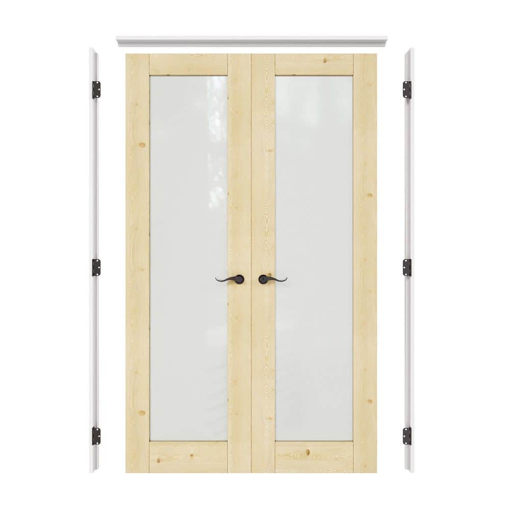 36 in. x 80 in. 1 Lite Frosted Glass Universal Solid Core Unfinished Pine Wood Double Prehung French Door+Separate Jamb