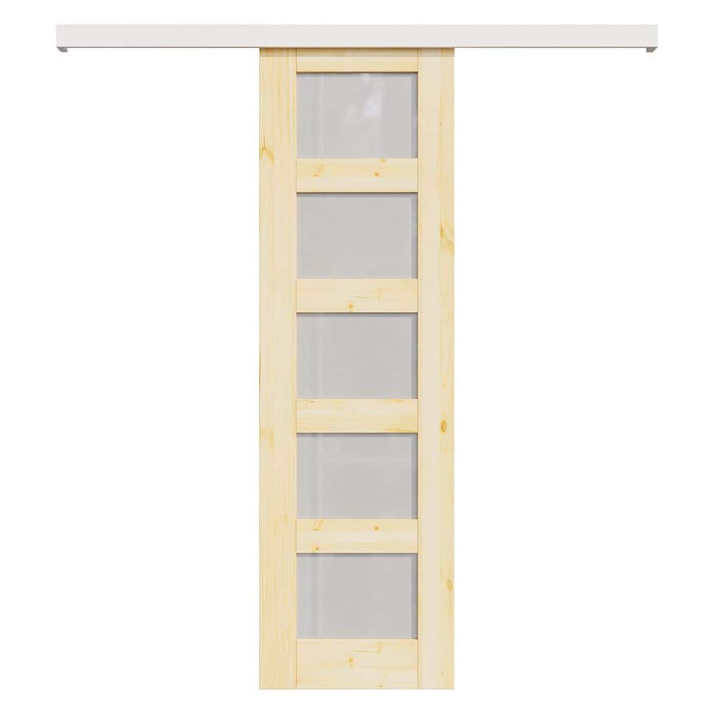 36 in. x 80 in. Hidden Track Style 3-Lite Frosted Glass Unfinished Glass Sliding Barn Door with Hardware Kit