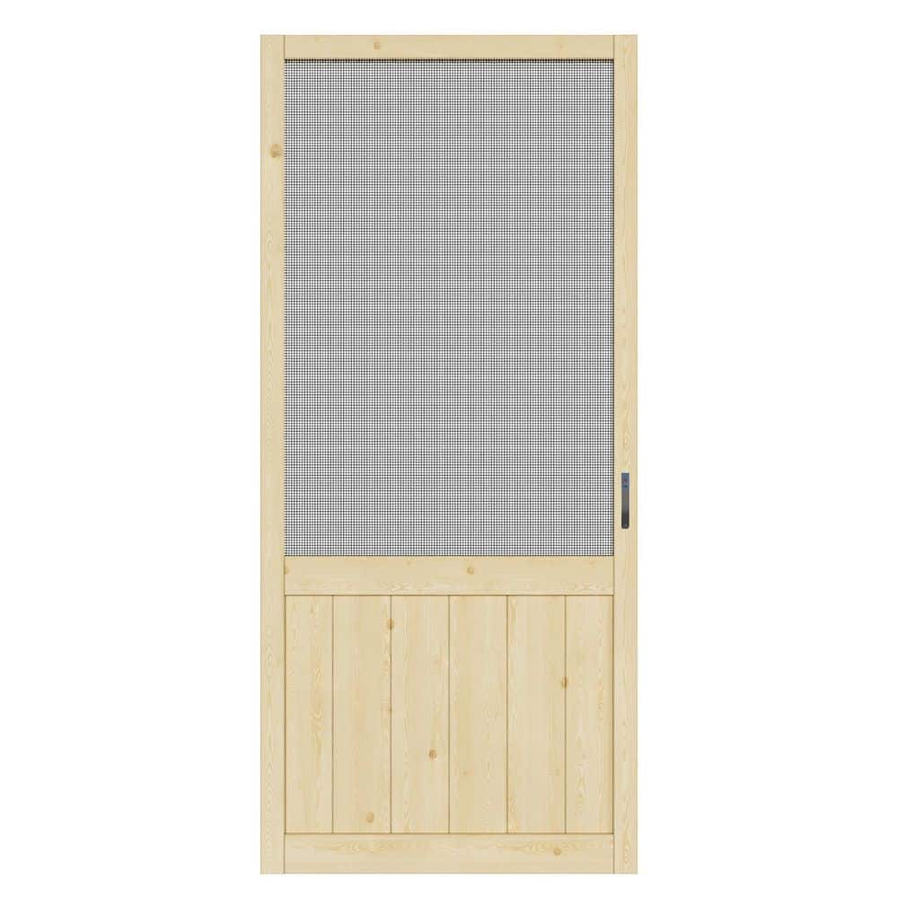 36 in. x 80 in. Rustic Style Universal Paneled Unfinished Pine Wood and Gauze Mesh Hinged Screen Door with Lock