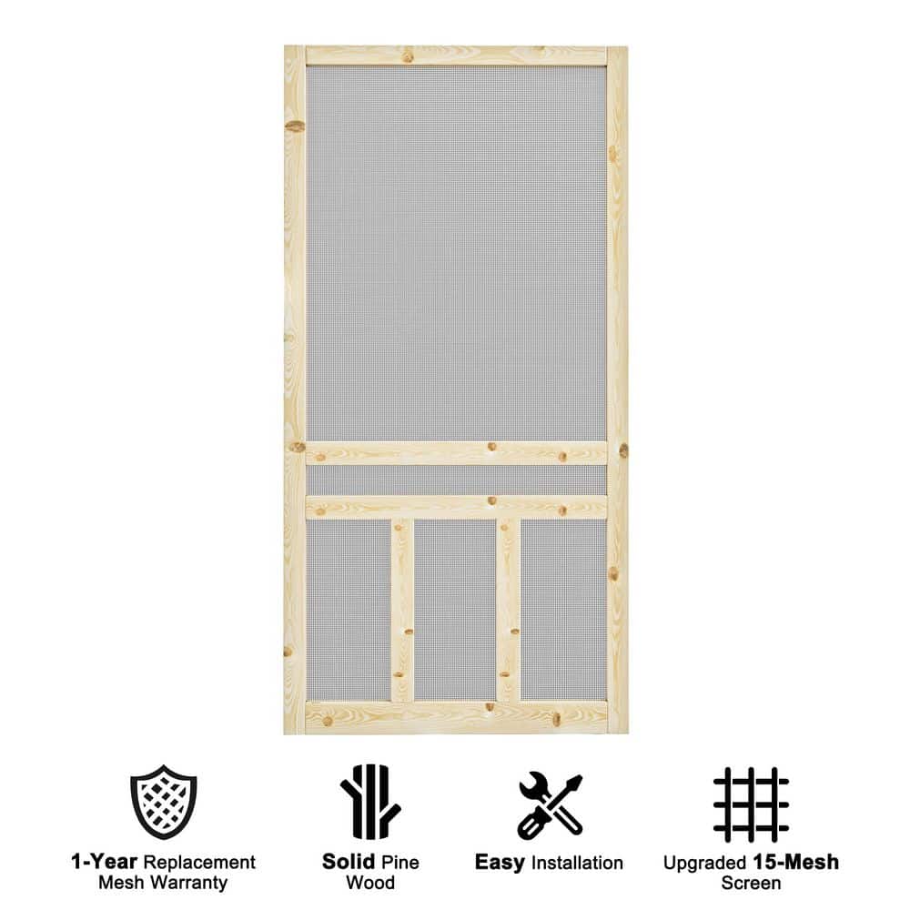 36 in. x 80 in. Universal Unfinished Pine Wood Vertical Slat Screen Door-Classic 3-Bar Style Gauze Mesh Hinged Door