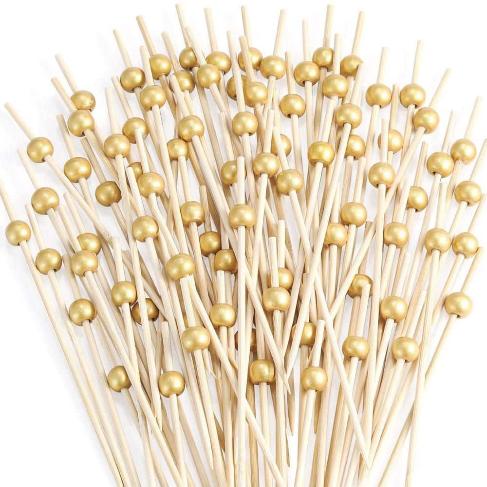 4.7 in. Bamboo Cocktail Picks for Appetizers, Drinks, Desserts, Charcuterie and Wedding Party, Gold Pearl (200-Pack)