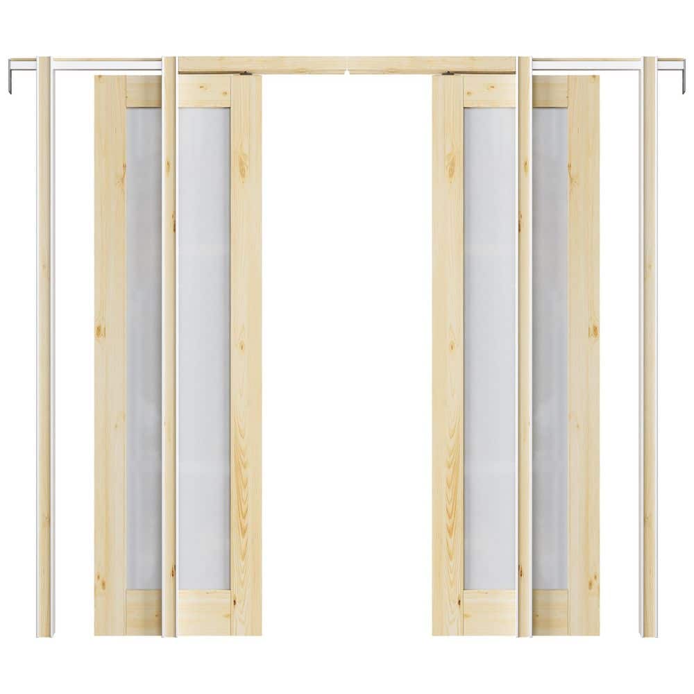 48 in. x 80 in. 1-Lite Frosted Glass Solid Core Pine Wood Unfinished Pocket Sliding Door with Pocket Door Hardware