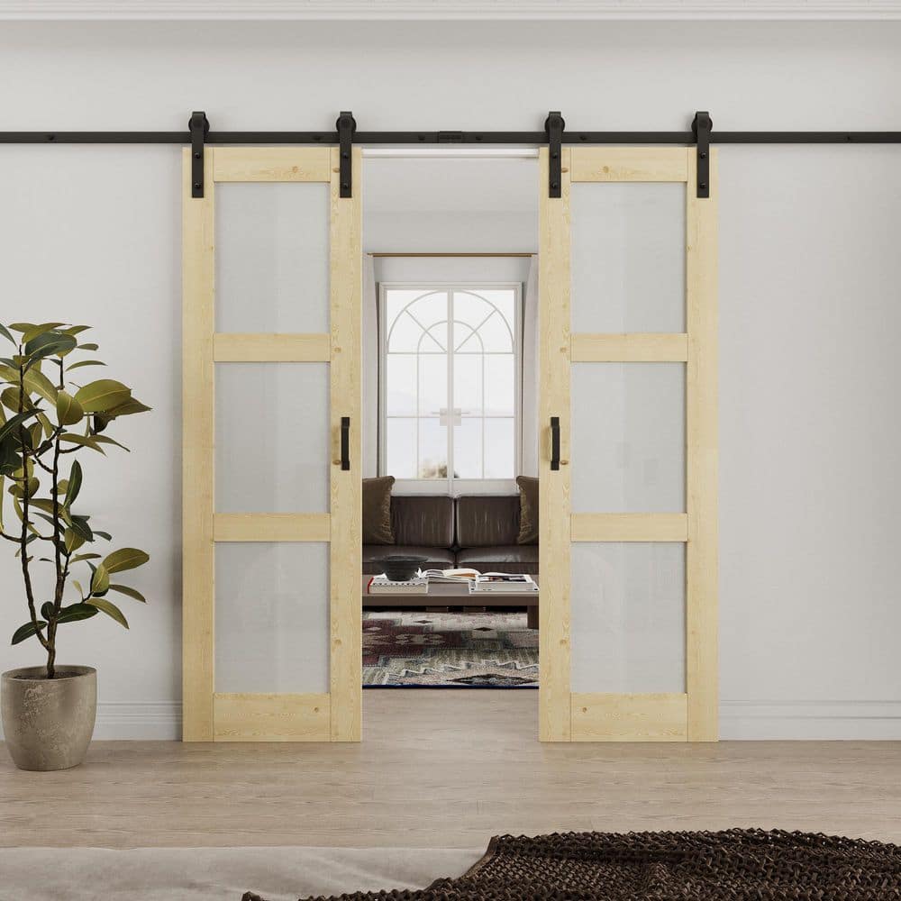 48 in. x 80 in. 3 Lite Tempered Frosted Glass Unfinished Solid Core Pine Wood Sliding Barn Door with Hardware Kit