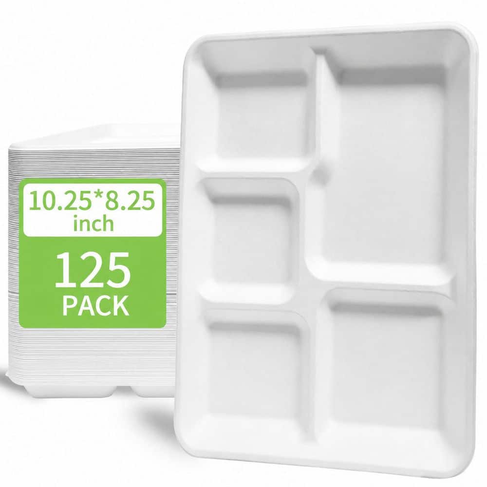 5 Compartment White Bagasse Disposable Tray Paper Disposable Tableware Plates 125 Pack Per Case Compostable