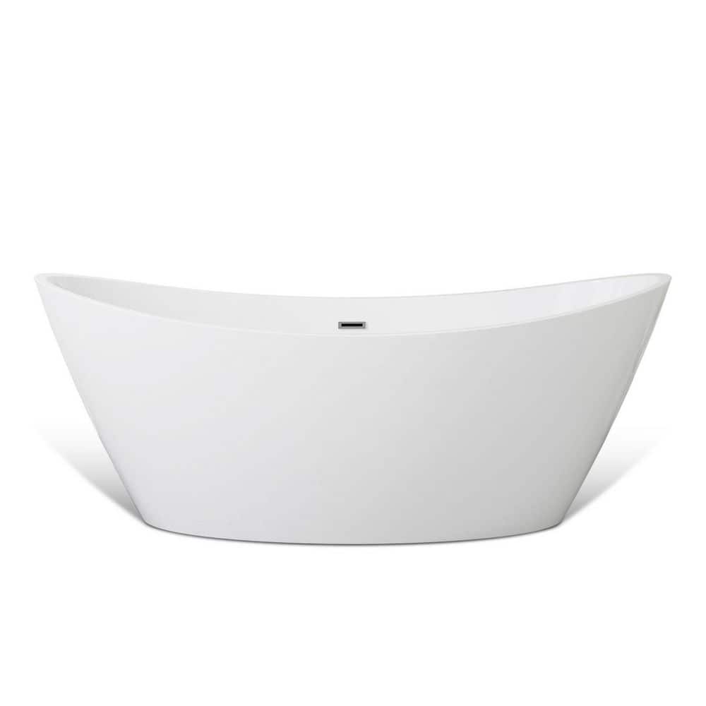 67 in. x 29.5 in. Freestanding Flat Bottom Bath Tub Oval Soaking Bathtub with Center Drain in White