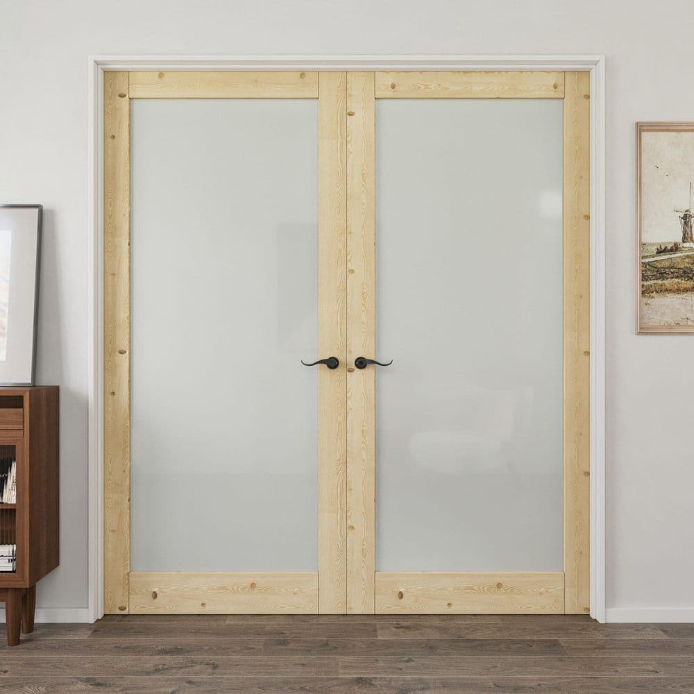 72 in. x 80 in. Universal 1 Lite Frosted Glass Pine Solid Wood Unfinished Assembly Required Double French Door with Jamb