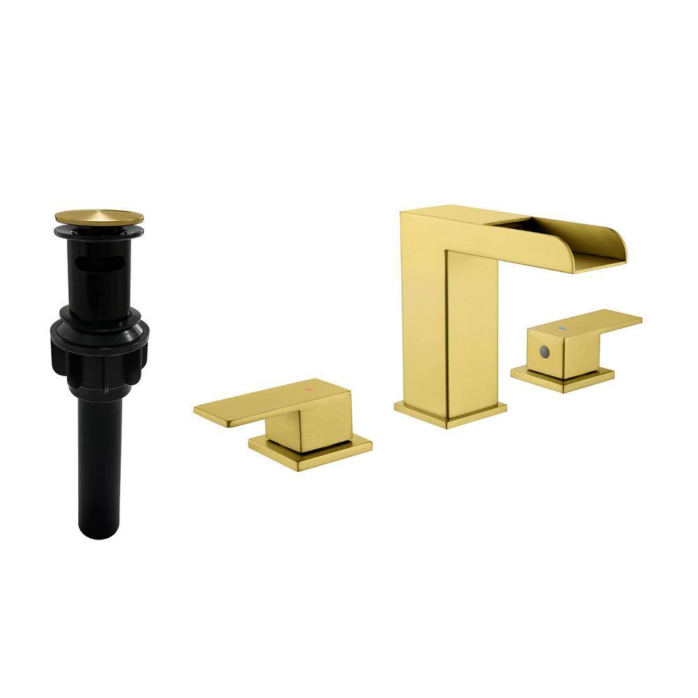 8 in. Widespread Double Handle Waterfall Bathroom Faucet 3-Holes Modern Brass Bathroom Sink Basin Faucet in Brushed Gold