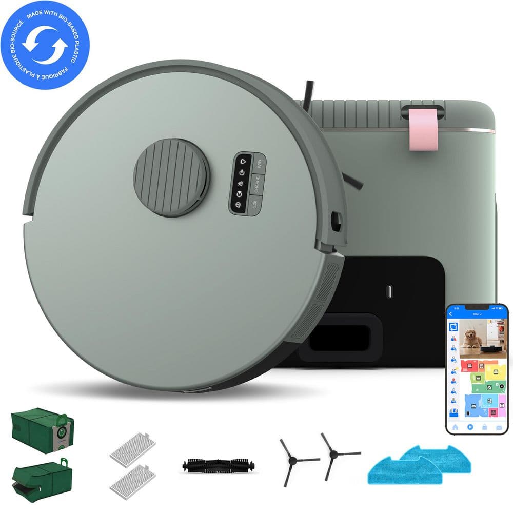 Bio Robot Vacuum and Mop with Smart Navigation in Ravine Green w/ Odor Filtering 100-Day Dock, made of Bio-Based Plastic