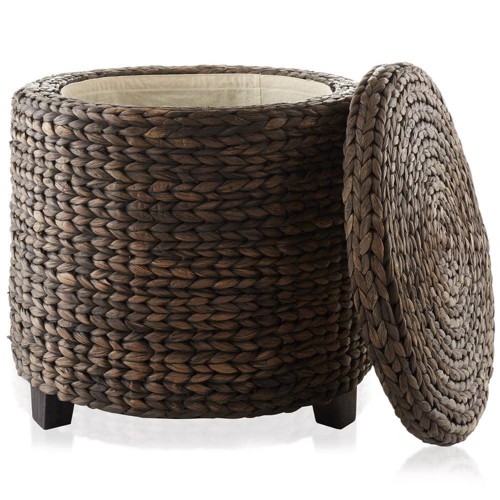 Brown Espresso 17.75 in. W x 17.5 in. H Wicker Water Hyacinth Storage Ottoman Footrest