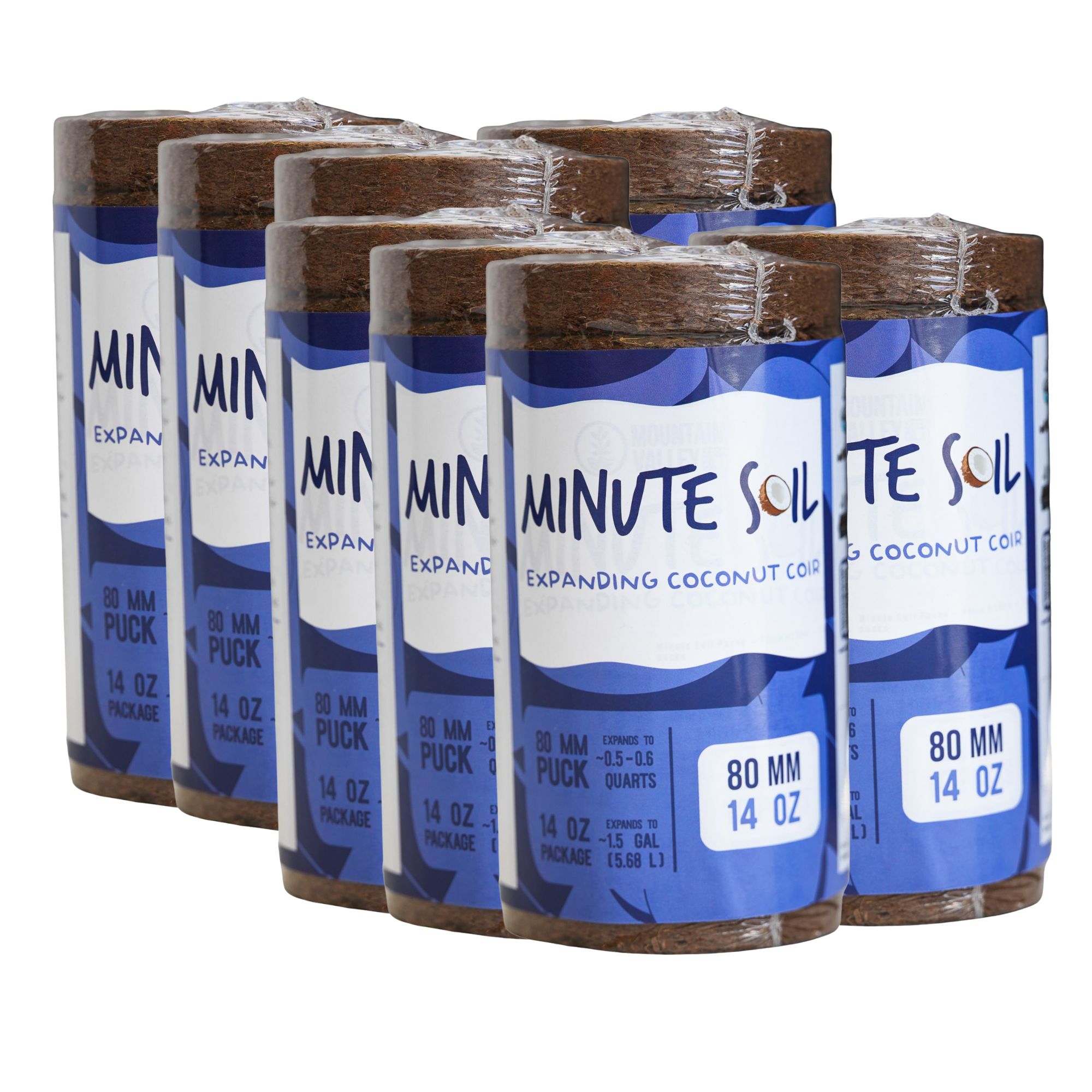 Minute Soil Pucks - 80mm x 15mm - 8 Pack: 14 oz -9 to 10 Coco Peat Compressed Soil Discs ea. - Expands to approx 12 to 16 Gal of