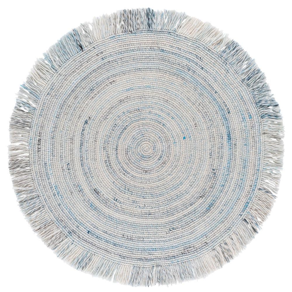 Renewal 5 ft. x 5 ft. Ivory/Light Blue Woven Fringe Round Area Rug