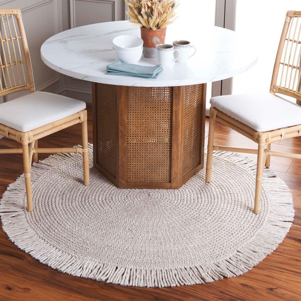 Renewal 5 ft. x 5 ft. Light Beige Solid Fringe Round Area Rug