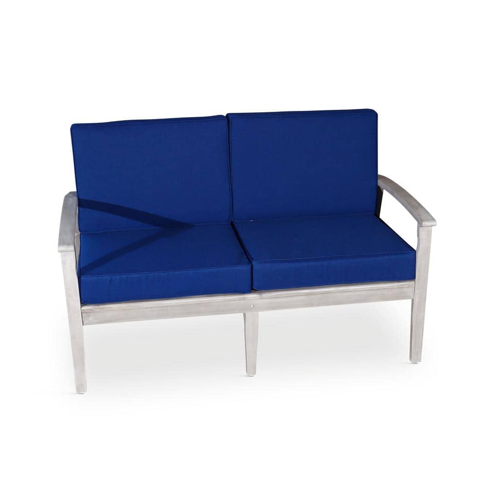 Silver Gray Eucalyptus Wood Outdoor Loveseat with Navy Blue Cushions