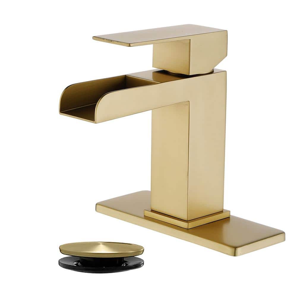 Single Handle Single Hole Waterfall Bathroom Faucet with Drain Assembly Stainless Steel Vanity Basin Tap in Brushed Gold