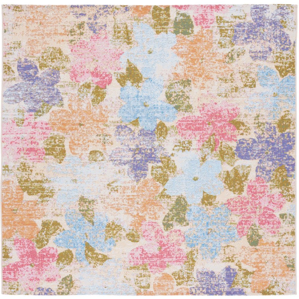 Summer Blue/Pink 7 ft. x 7 ft. Distressed Floral Indoor/Outdoor Square Area Rug