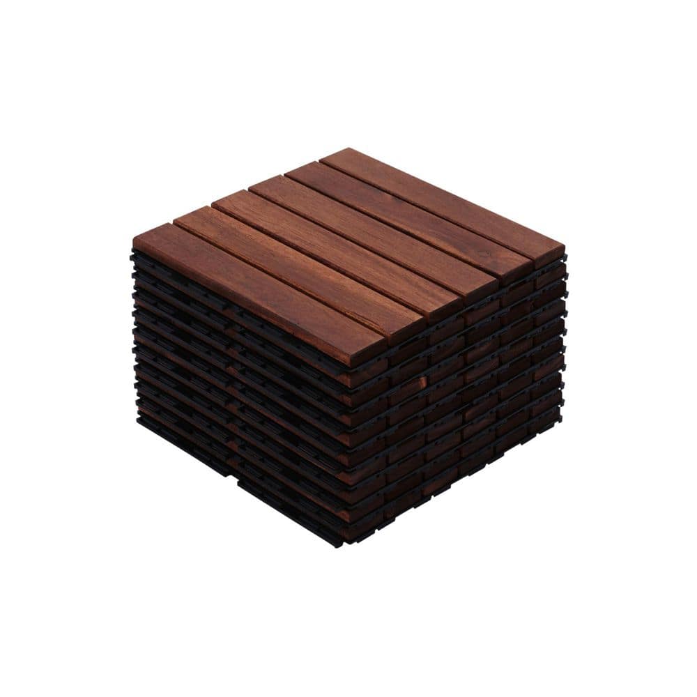 10 Pack Acacia Wood Interlocking Deck Tiles, 12" Square Brown Striped Pattern Outdoor Flooring for Patio Pool Side