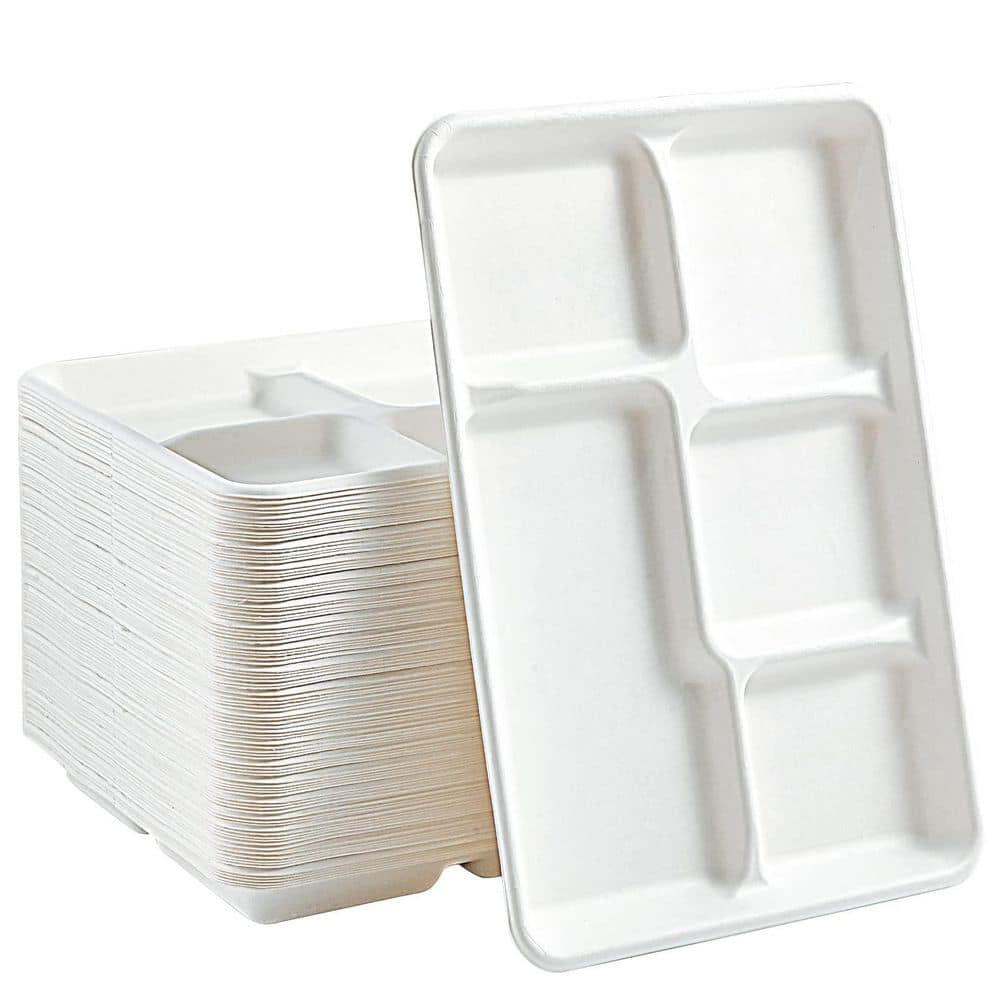 12.5 in. White Disposable Bagasse Sugarcane Fiber 5-Compartment Tray Eco-Friendly Tableware 100 Pack