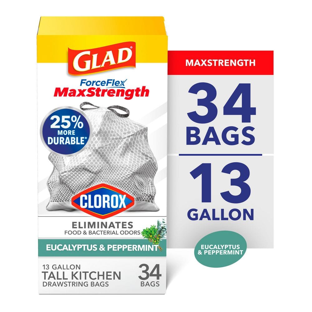 13 Gal. ForceFlex MaxStrength with Clorox Tall Kitchen Drawstring Eucalyptus and Peppermint Trash Bags (34-Count)