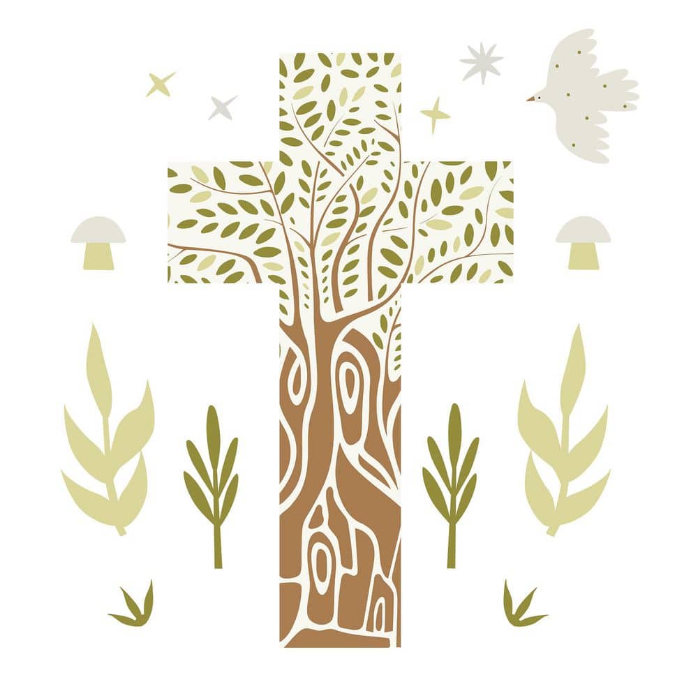 14-Piece 16 in. x 35 in. Brown Tree of Life Cross Green Religious Wall Decals