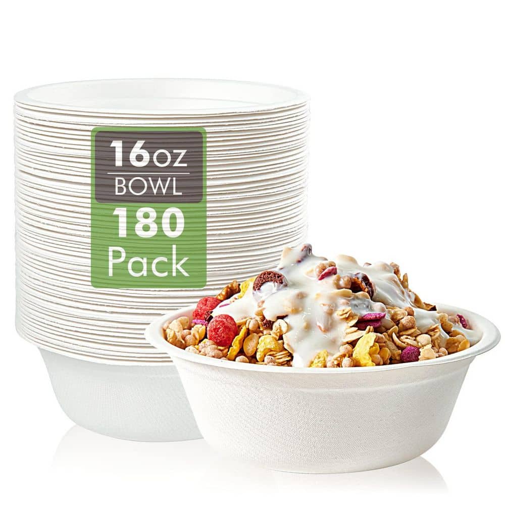 16 fl. oz. White Paper Disposable Bowls, Eco-Friendly Bagasse Compostable Bowls for Snacks and Salads (Set of 180)
