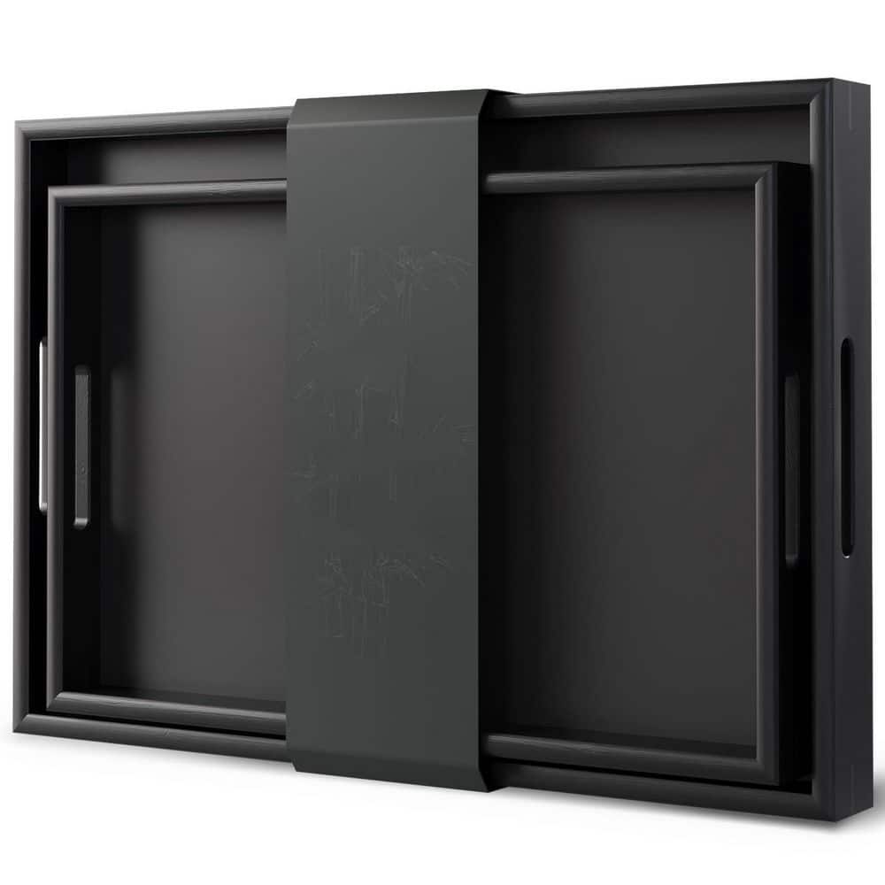 16.9 in. W x 1.6 in. H x 11.8 in. D Black Bamboo Serving Tray with Handle (Set of 2), Food Drinks Tray for Eating