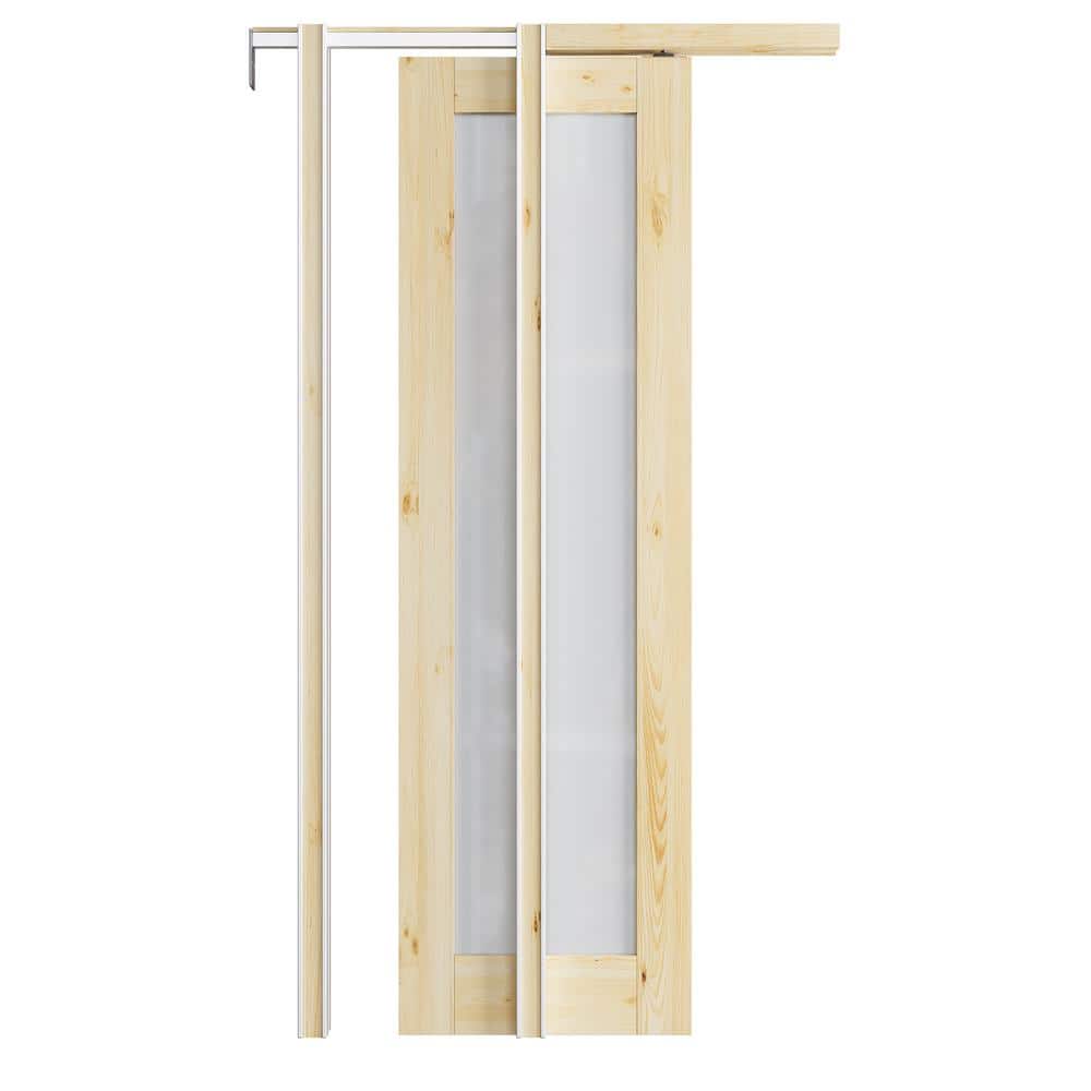 18 in. x 80 in. 1-Lite Frosted Glass Solid Core Pine Wood Unfinished Sliding Pocket Door with Pocket Door Hardware