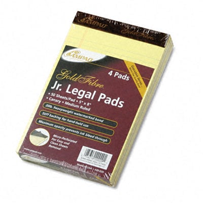 20029 Gold Fibre Writing Pads Jr. Legal Rule 5 x 8 Canary 4 50-Sheet Pads/pk