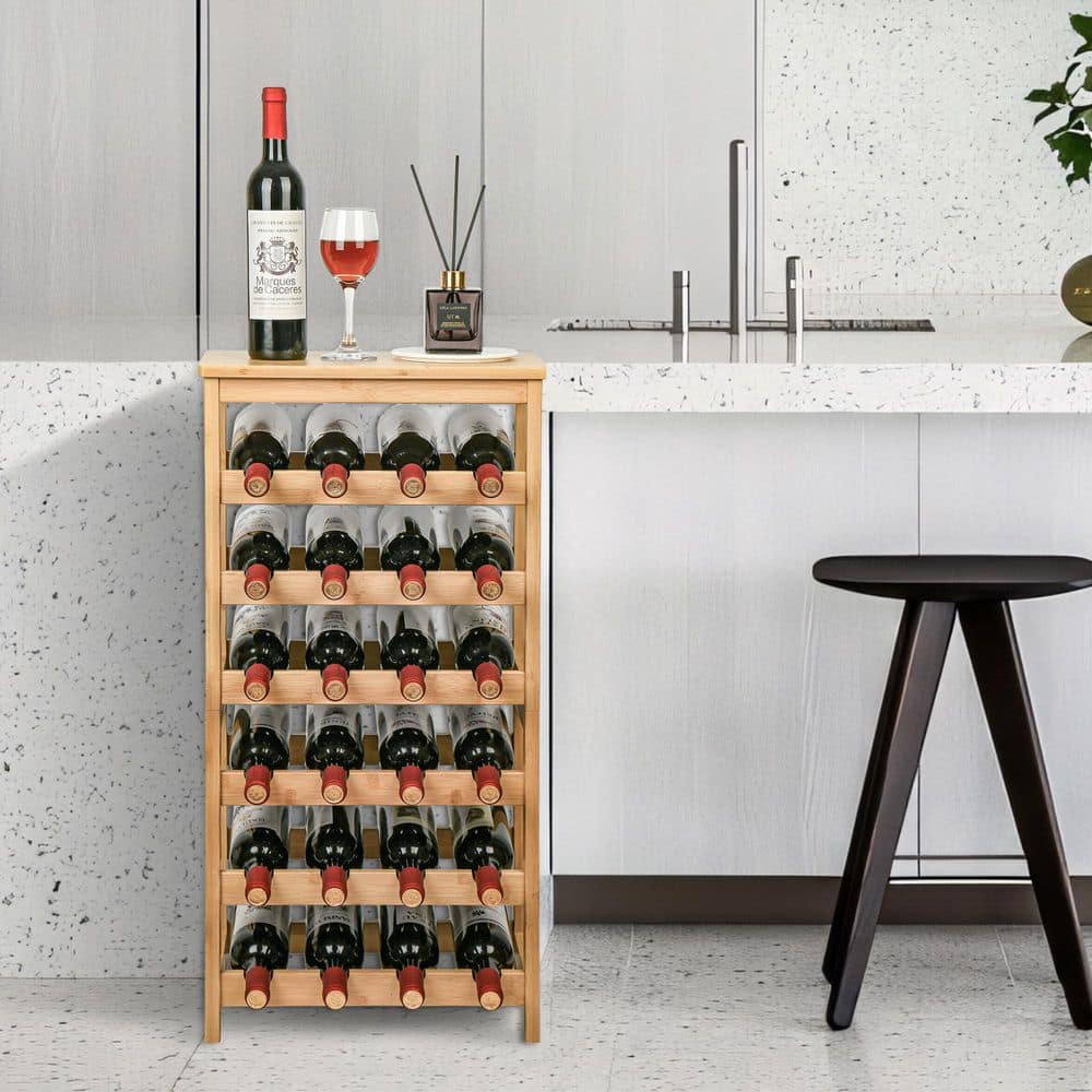 24-Botttle Natural 15.9 in. W Bamboo Wine Rack, 6-Tier Freestanding Floor Wine Storage Shelves with Table Top