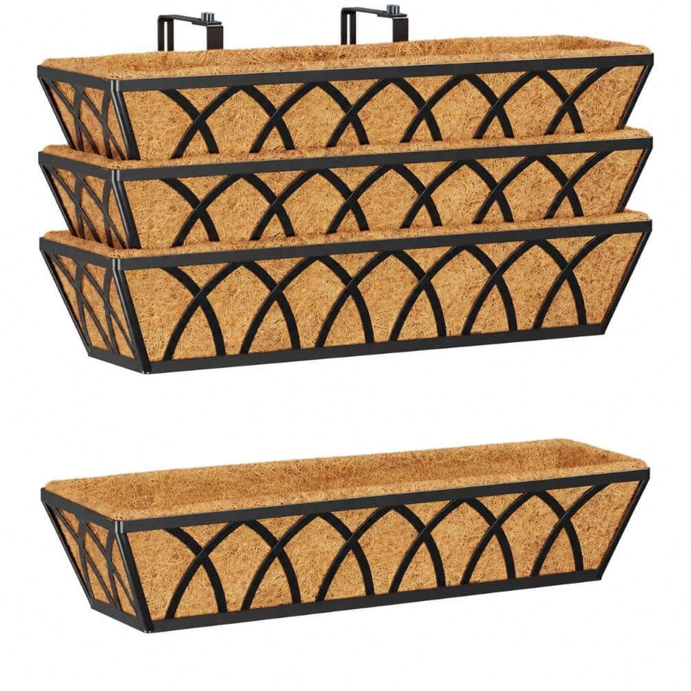 24 in. L x 7 in. W x 4.8 in. H 24 qts. Coco Liner Quatrefoil Black Indoor Outdoor Metal Window Box Planter 4-Pack